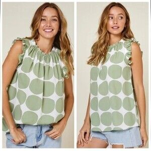 NFS Ces Femme Sage Large Pokadot Ruffle Cap Sleeve Size M